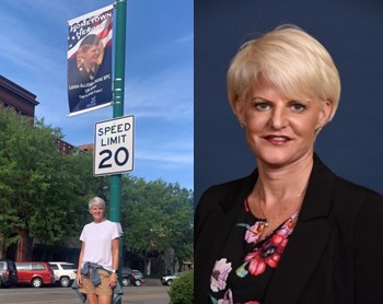 Leigh Deese under light post with veterans banner hanging besides her present day self in business suit