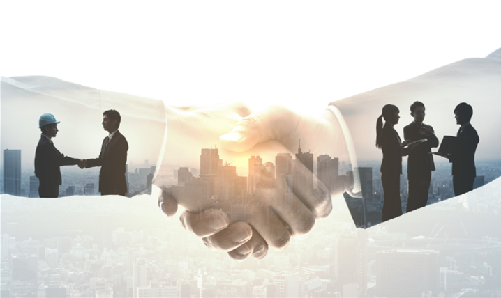 Series of three images showing business people meeting, shaking hands