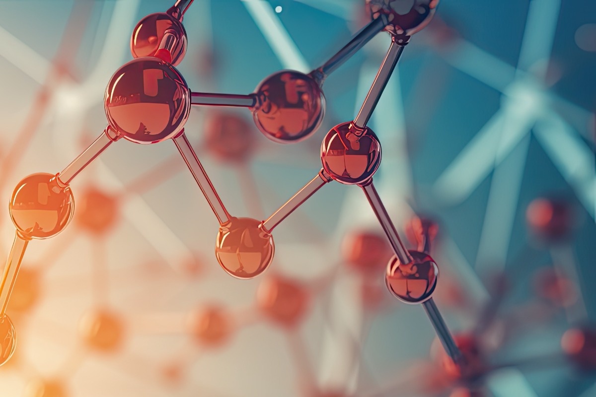 Abstract illustration of interconnected molecules, representing scientific research and innovation