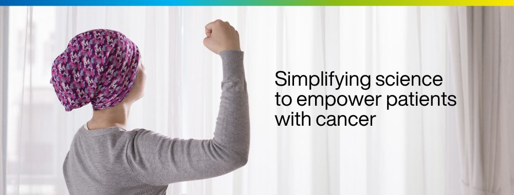 Cancer patient with her arm up making a muscle; image states