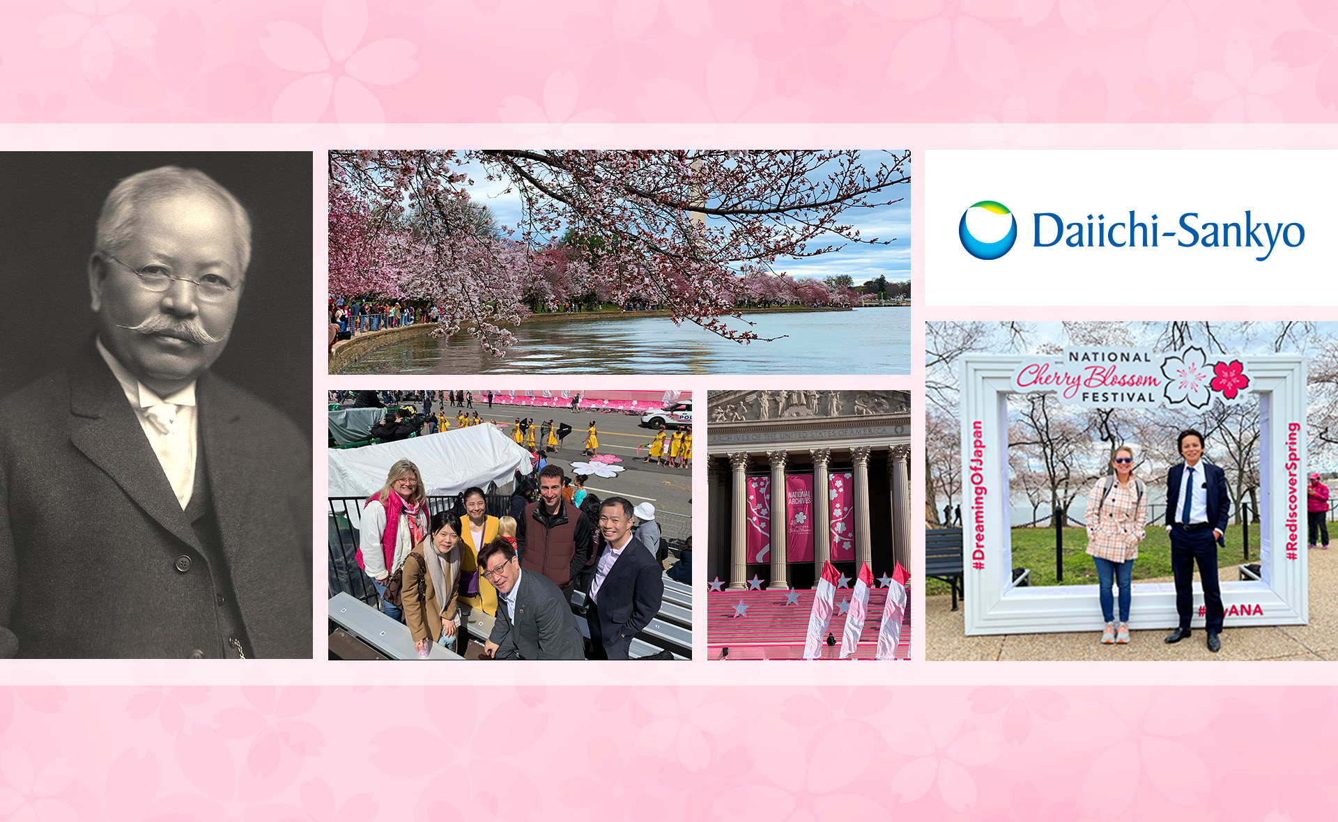 photo collage: Dr. Takamine, cherry trees in bloom, National Archives decorated for NCBF parade, groups of people outdoors