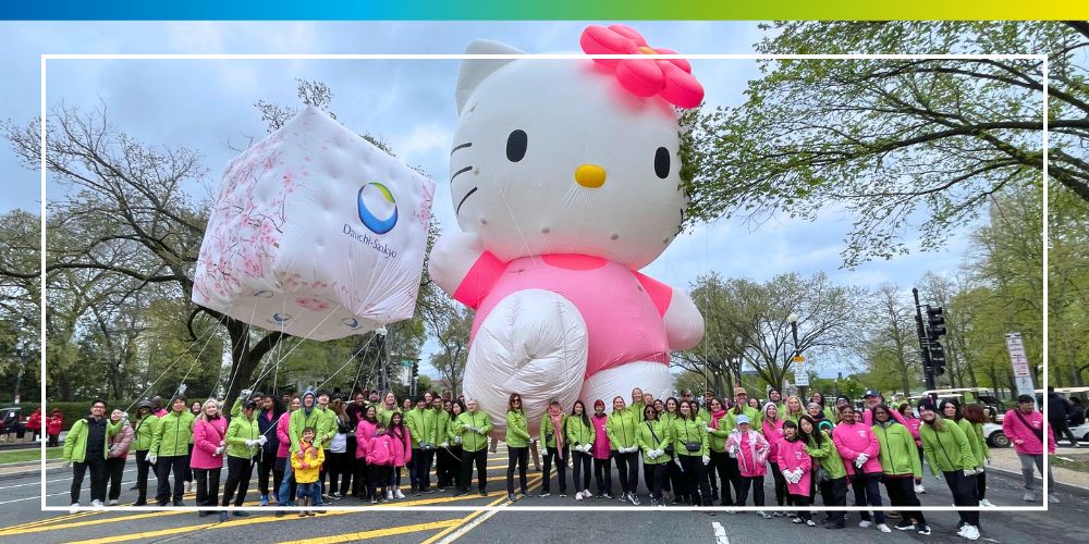 Cherry Blossom Parade with Daiichi Sankyo employees celebrating. 